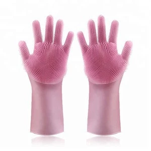 Amazon Hot Sale Heat Resistant Magic Silicone Dishwashing Gloves With Wash Scrubber