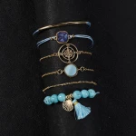 Bohemia Blue Natural Stone Beads Tassel Bracelets Set for Women Vintage Gold Compass Ocean Shell Bracelets Set (KB8241)