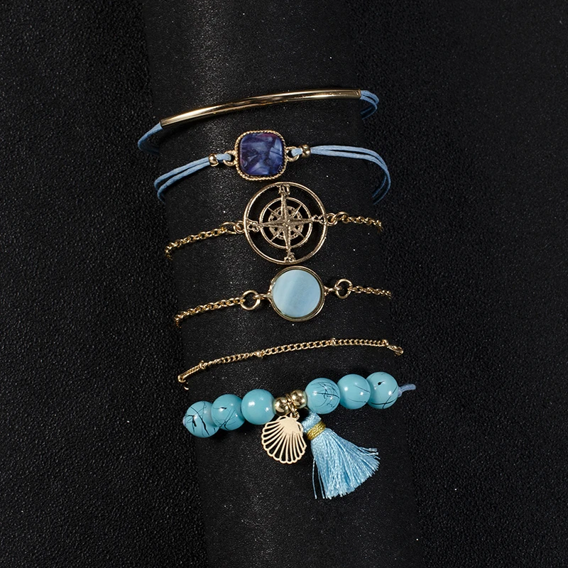Bohemia Blue Natural Stone Beads Tassel Bracelets Set for Women Vintage Gold Compass Ocean Shell Bracelets Set (KB8241)