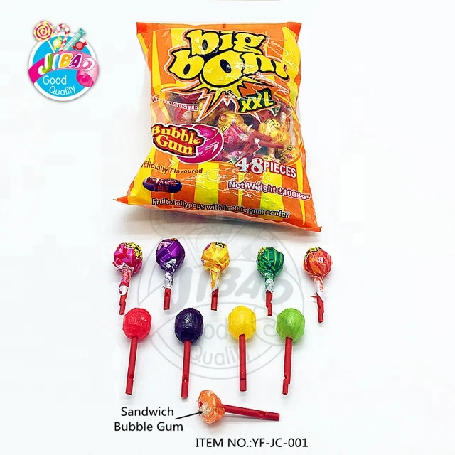 bubble gum center filled inside candy sweets fruity flavor round big bom lollipop candy