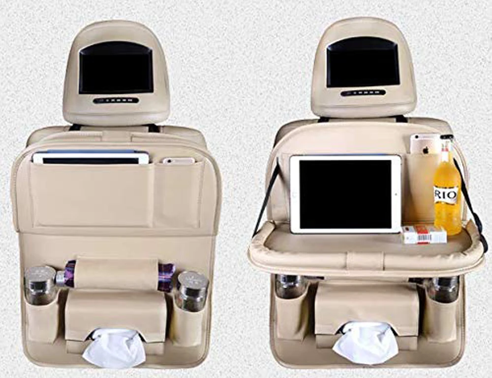Car Backseat Organizer with Touch Screen PU Leather Storage Tablet Holder Auto Car Back Seat Organizer Bag With Tray