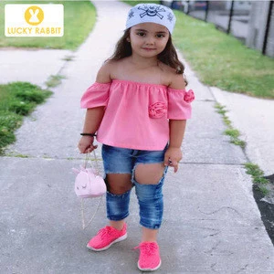 Children clothing fashion wear 3-13 years kids girl clothing sets off shoulder shirts+ripped jeans pants 2pcs girls clothes sets