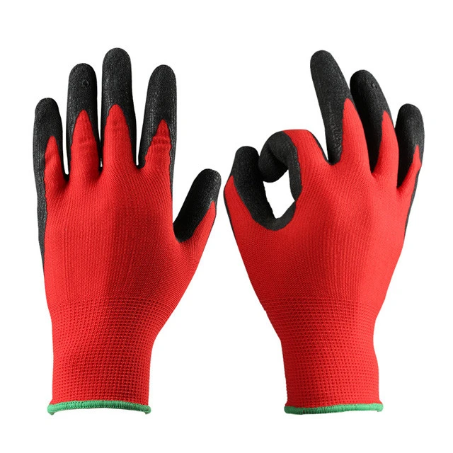 China custom made work gloves wholesale red polyester black butadiene-acrylonitrile rubber gloves