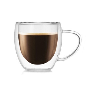 China Supply Promotional Glass Water Cup High Borosilicate Transparent Double Wall Mugs Coffee Cup for Office with Handle 450 ml