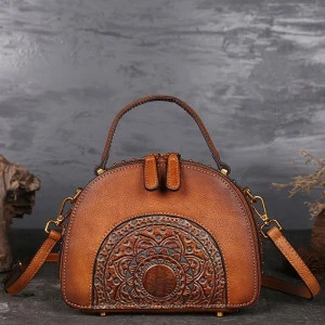 Chinese Style Embossed Pattern Vegan Handmade Cowhide Leather Ladies Shoulder Bags Women Handbag
