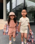 Custom children wear girls kids clothing set summer short sleeve plain 2 piece shorts sets for girls