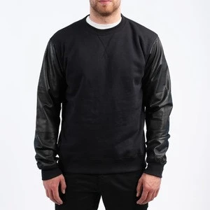 Custom Men Black Premium Cotton Sweater with Lambskin leather sleeves
