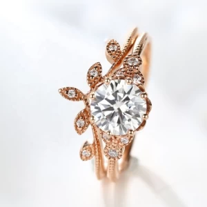 Customize Anniversary Gift 14K Rose Gold Engagement Curve Ring Milgrain Moissanite Finger Rings Set