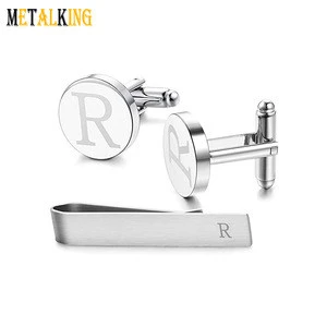 Engraved Initial Cufflinks and Tie Clip Bar Set Alphabet Letter A-Z