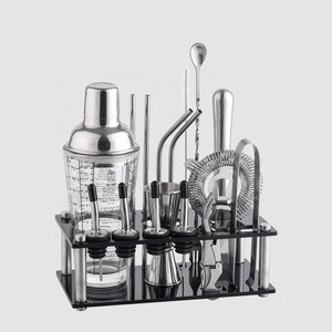 Factory Direct 400ml glass barware bartender stainless steel cocktail shaker bar tools set with acrylic frame stand