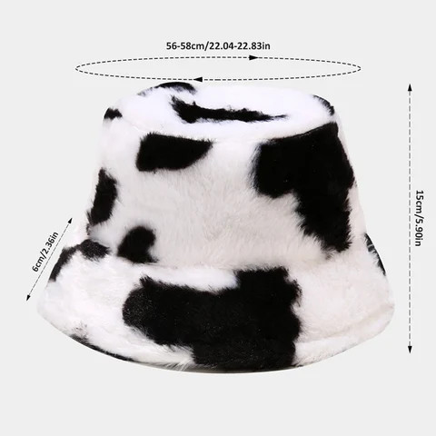 Fashion Winter Cow Print Faux Fur Fluffy Plush Bucket Hat For Women Men Lady Panama Warm Outdoor Female Fisherman Flat Hat