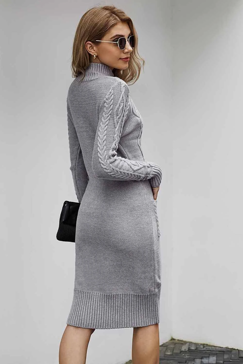 Fashionable Winter elegant warm long sleeve Textured Mini Bodycon Kniting Ribbed turtleneck sweater dress women