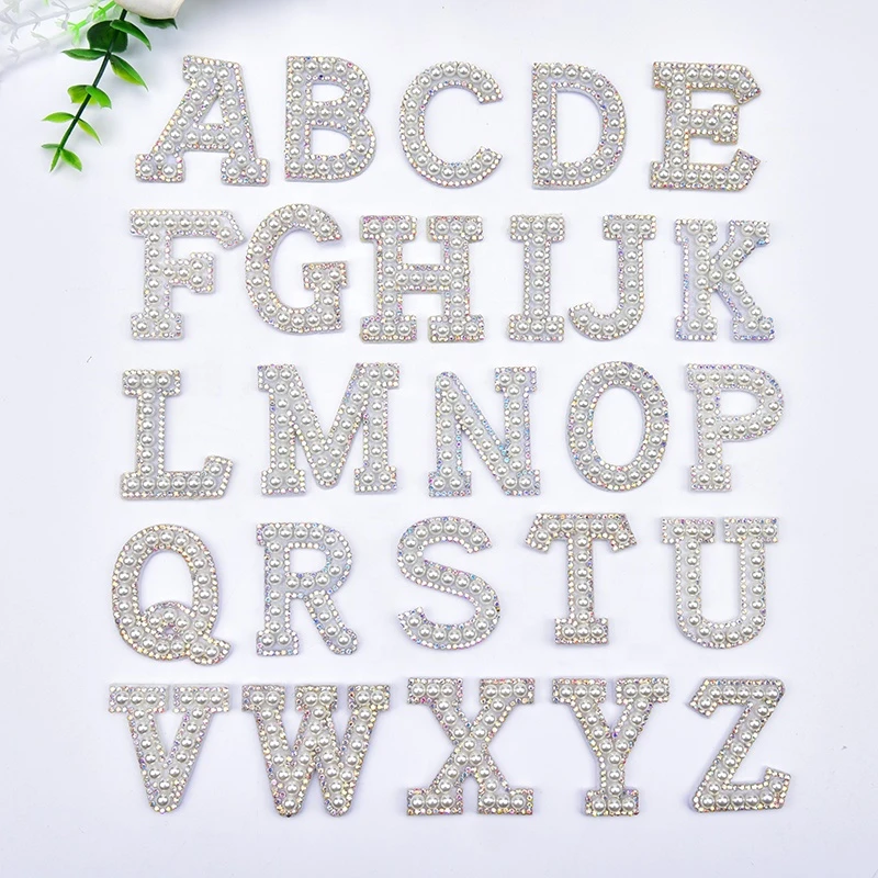 Felt Pearl Crystal AB Rhinestone Letter Alphabet Motifs Patches Sewing Applique For Wedding Garment Accessories
