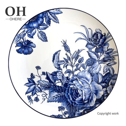Fine Bone China Blue Peony Dinner Set Luxury 4pcs Plate Set Party Dinnerware for Event&Catering&Rental