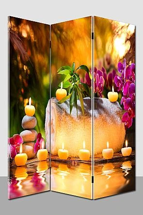 Flower Candle Canvas Screen Room Divider Spa Interior Movable Folding Printed Frameless Structure