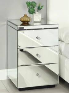Full glass mirrored design nightstand 3 drawers end table corner cabinet for bedroom