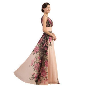 Grace Karin Stock Sleeveless Flower Pattern Floral Print Chiffon Evening Dress Party Gown Long Prom Dresses Size US 2~24 CL7502