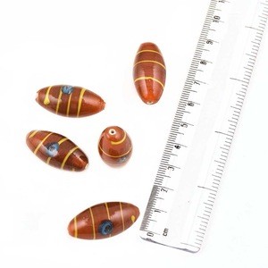 Hand Painted Yellow Striped Brown Oval Shaped Glass Beads (12 in Pack)