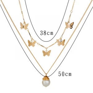 HongTong Collana Farfalla Gold-plated Layered Butterfly Pearl Pendant Womens Fashion Clavicle Chain Jewelry Pearl Necklace