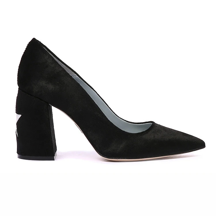 Horsehair upper pig skin lining black 8cm chunky high heel fashion office star ladies trendy shoes