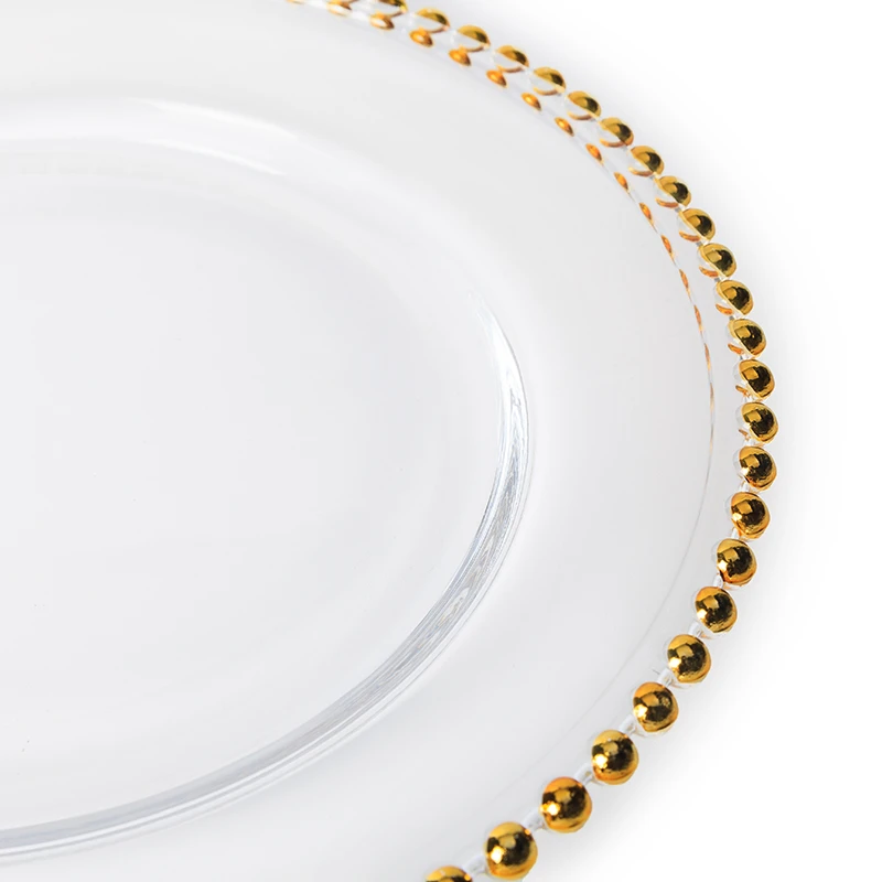 HOSEN 28 Round Glass Hotel Restaurant Serving Platter/Glass Underplate , Glass Gold Beaded Charger Plate~