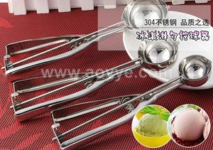 Hot sale high- grade stainless steel spring handle masher cookie fruit balls spoon tools ice cream scoop/ice cream spoon