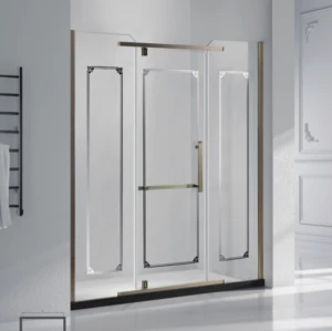 hotel use, prefab rain shower room straight line shape corner bath shower screen with classic brass plate