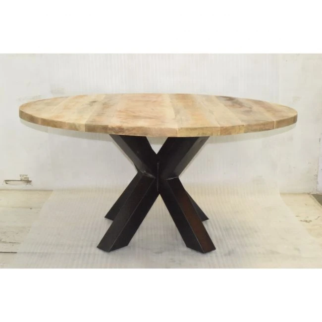 Industrial Metal Double X leg Dining Table Round Mango Wood Top