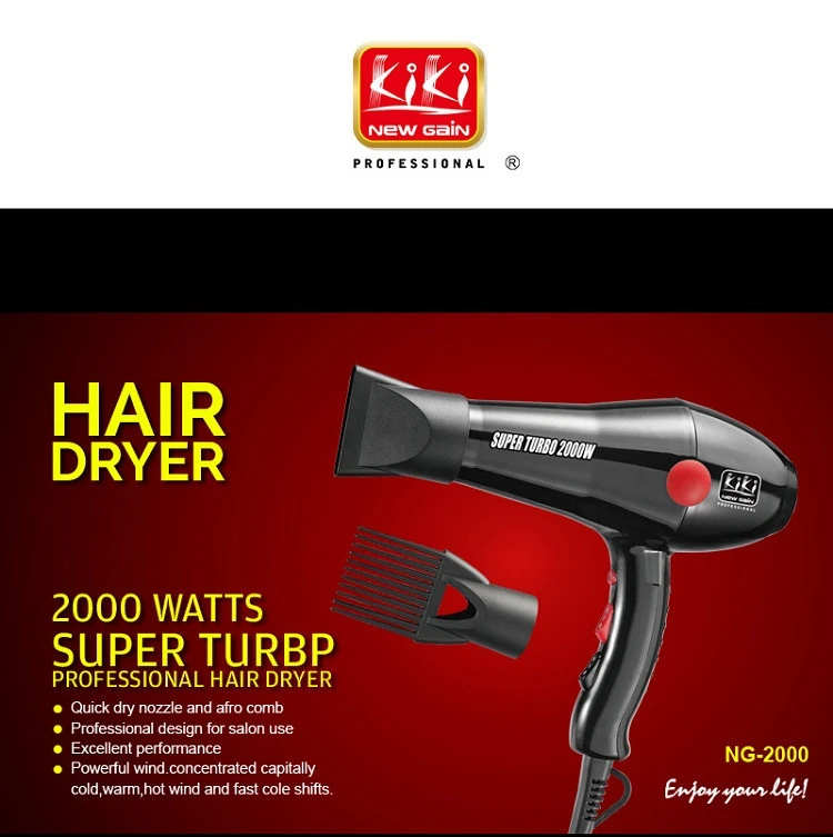KIKI NEWGAIN 2000W AC Motor Professional Salon Hair Dryer Machine with comb attachment Concentrator