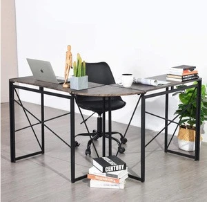 L-Shaped Folding Wood Top Home Corner Office Desk, Metal Legs Gaming Computer Desk/walnut/wood/black
