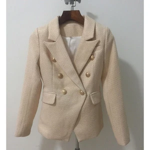 Latest Ladies Fashion Style Long Sleeve Gold tweed Blazer formal office lady Double Breasted jacket coat
