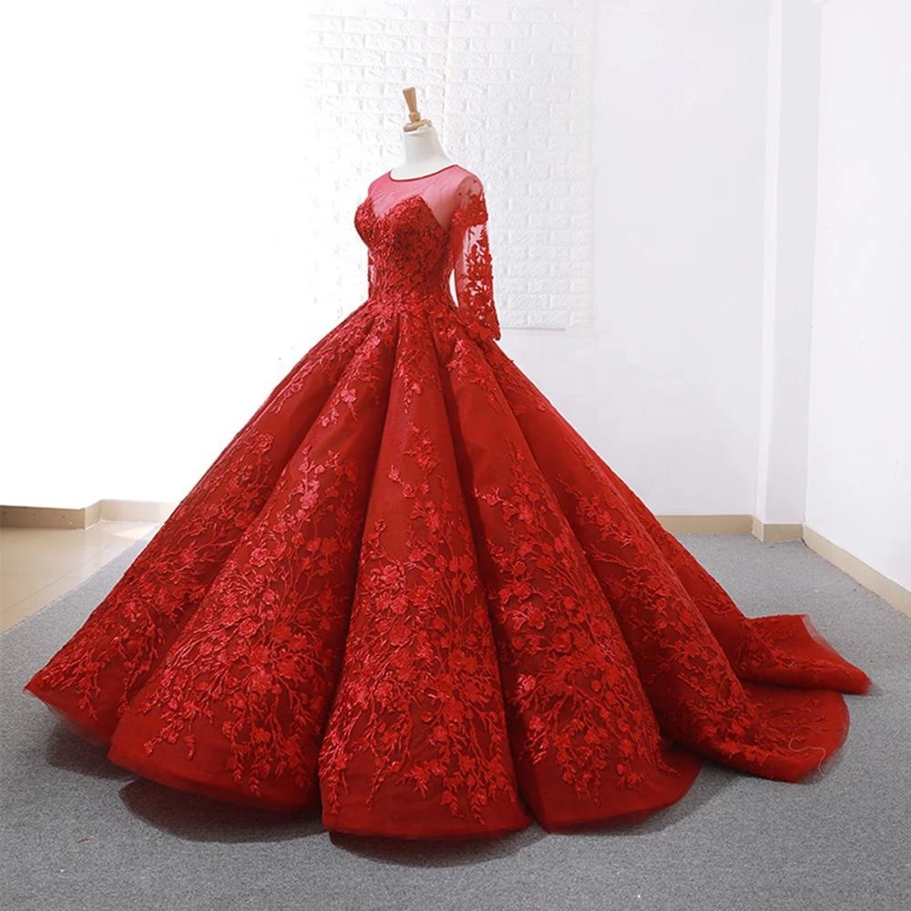 Latest Long Sleeves Red Wedding Dress Real Photo A Line Lace Bridal Ball Gown Dress
