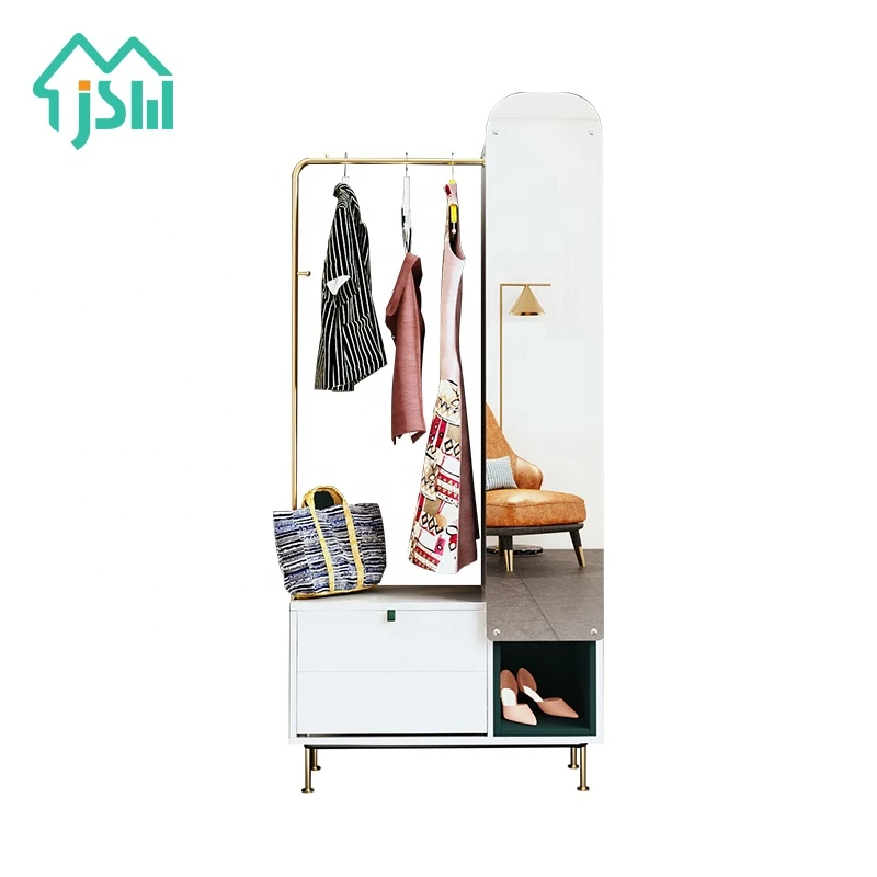 Light Luxury Living Room Furniture White Mirror Modern Shoe Rack with Clothes Tree