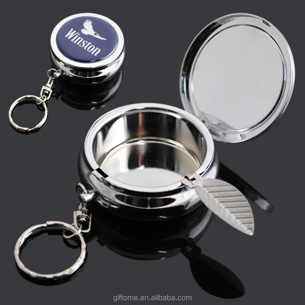 metal portable stainless steel pocket ashtray in chrome finished with key chain