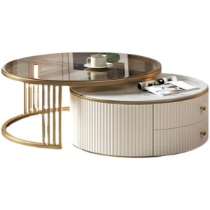 Modern Design Glass Marble Coffee Table With Lockers Golden Metal Stainless Steel Living Room Furniture Two-Piece Round Table