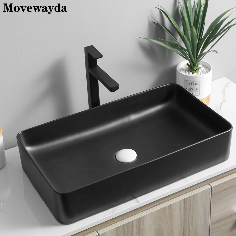 Modern elegant easy clean rectangular shape ceramic body matte black art wash basins countertop bathroom sinks