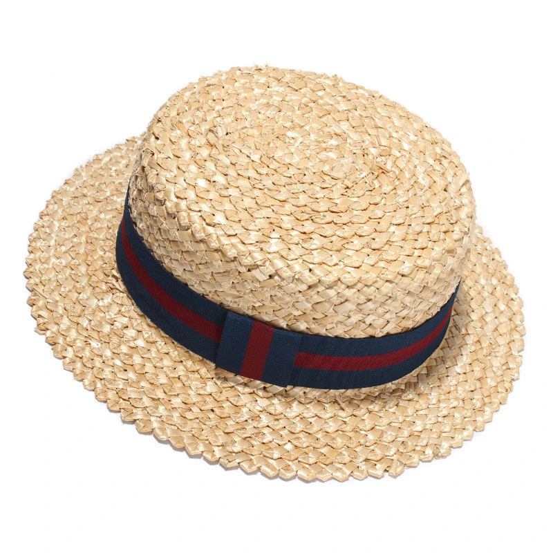 Natural 100% Wheat Straw Boater Fedora Top Flat Hat Summer Unisex Beach Flat 5 cm Brim With Red Navy Black Ribbon Hat