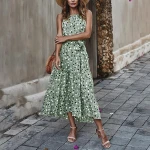 New Arrival Pink Polka Dots Maxi Boho Dress backless spaghetti straps  belt cake women dress