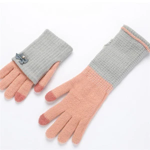 New autumn and winter students thick double warm wool ladies gloves bow point diamond decorative touchscreen hand gloves