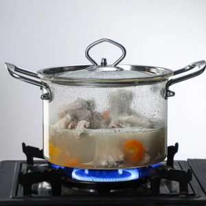 new design borosilicate clear glass cooking pot cookware set with wooden handles