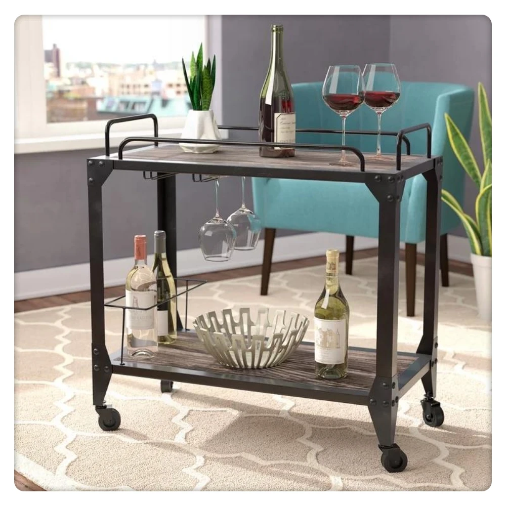 Nordic fashion retro style mobile metal wooden dining car bar trolley