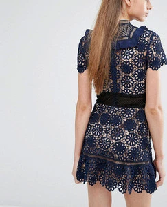 OEM service Chinese manufacturer clothing short sleeve lace new model casual navy blue dress