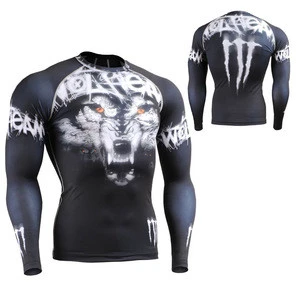 Polyester Spandex Long Sleeves Compression Shirt / Rash Guard with White Wolf Design