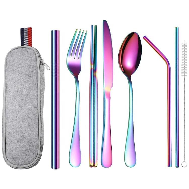 Portable 8-Piece 304 Stainless Steel Flatware Travel Cutlery Set with Stainless Steel Straws