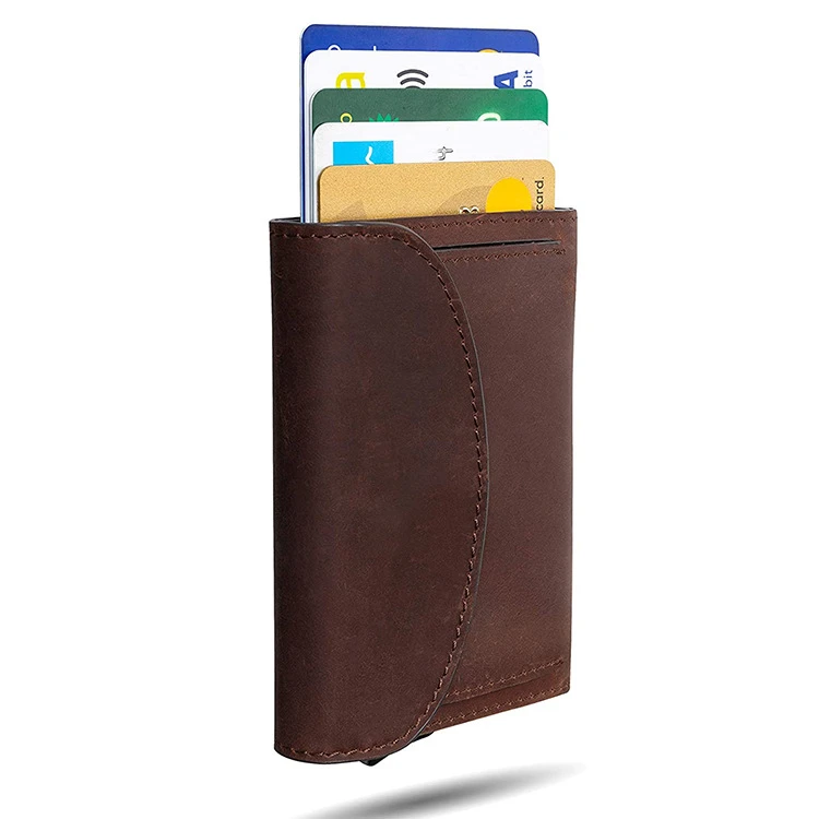 Premium  Side-push card holder Leather  RFID  wallet  Pop Up aluminum case with  coin pocket