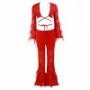 Red Stripe Feather Bandage Two Pieces Long Sleeve Top Fashion Mesh Bandage Dress Set