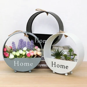 Round Shape Wall Hanging  Nacelle Iron Art Flower Pot Parisian-Style Flower Planter Basket with Braided Rope Handles