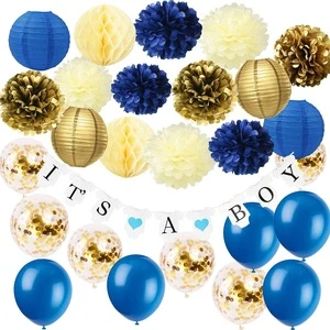Royal Prince Baby Shower Decorations Navy Blue Cream Gold Bridal Shower Decorations Gold Confetti Balloons Tissue Pom Poms