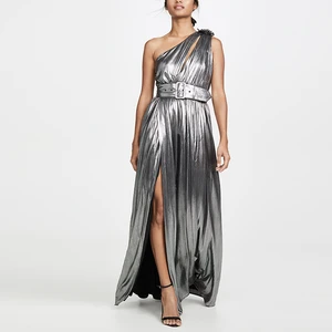 Sexy  Elegant Shiny Silver  One Shoulder  Floor Length Front Slit  Evening Dress Women