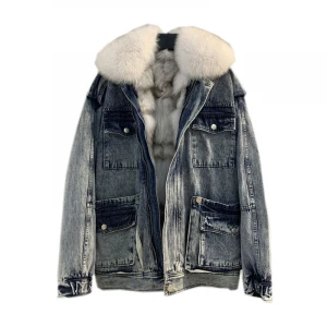 SF0530 Women Winter Removable Parka Coat Wholesale Real Fox Fur Lined Denim Jacket with Raccoon Fur Collar
